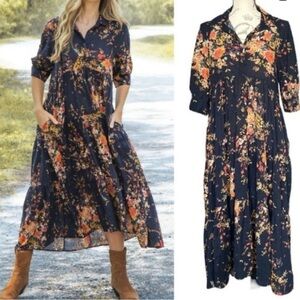 NWT Natural Life Rebecca Midi Boho Dress Black Floral Tiered Pockets Cotton M
